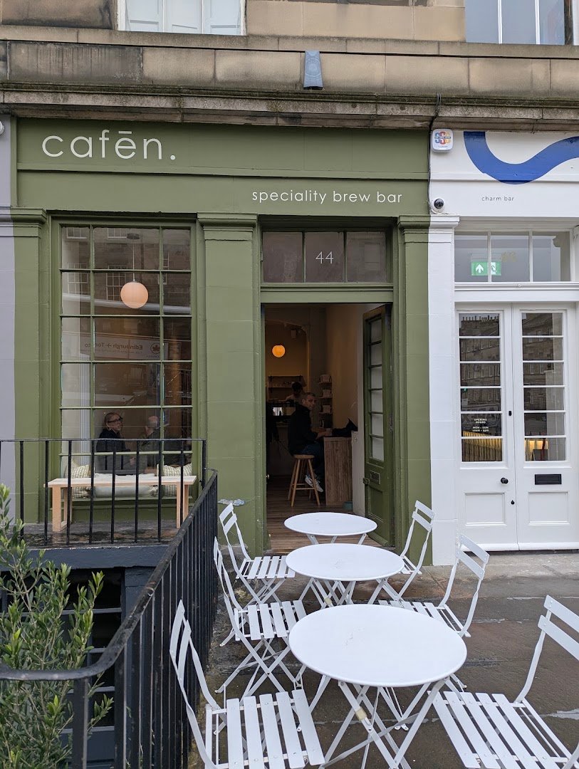 Storefront of cafēn., specialty coffee shop in Edinburgh