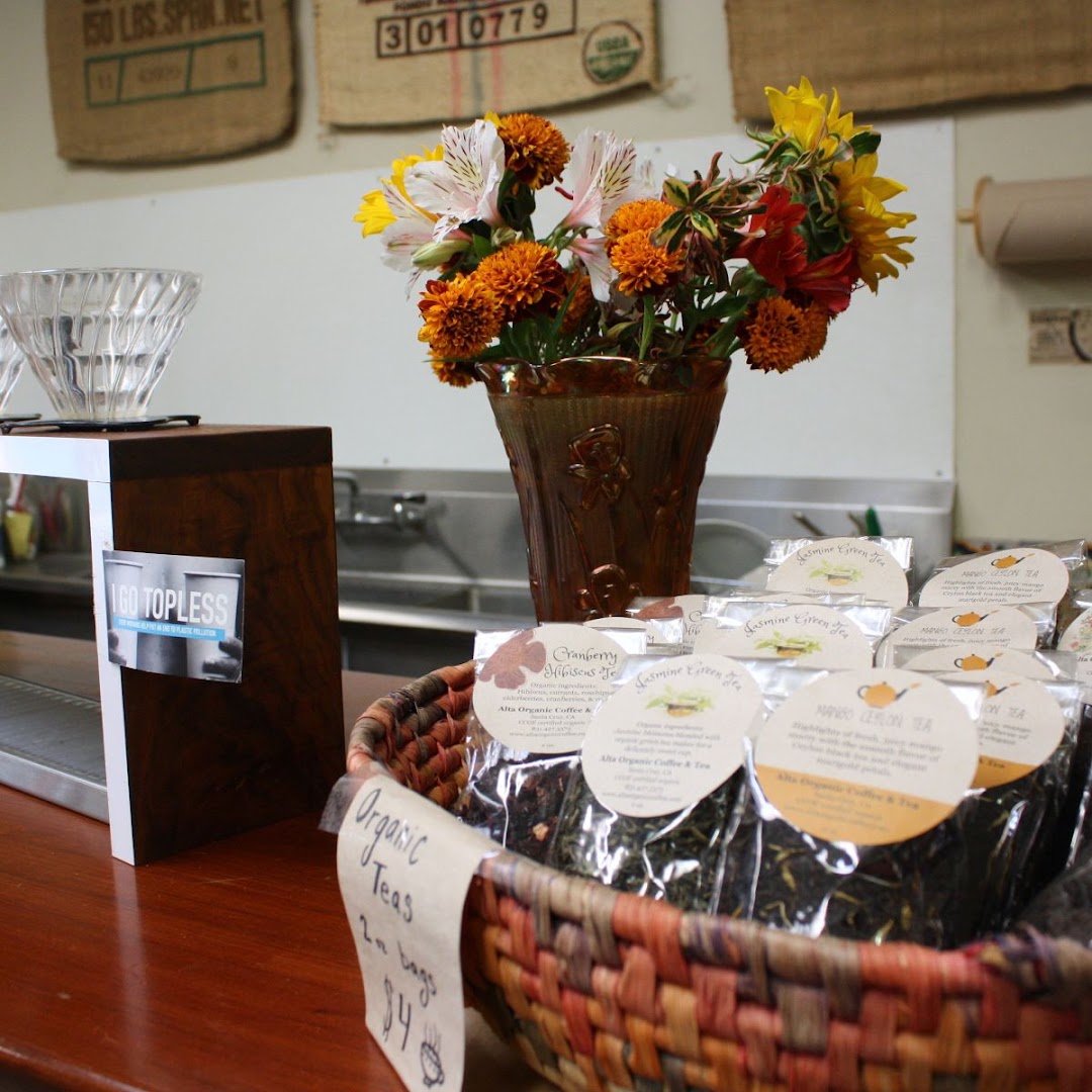 Interior of Alta Organic Coffee Warehouse & Roasting Co., specialty coffee shop in Santa Cruz