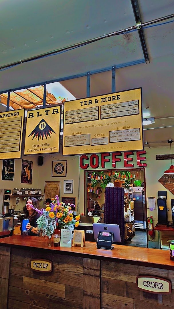 Interior of Alta Organic Coffee Warehouse & Roasting Co., specialty coffee shop in Santa Cruz