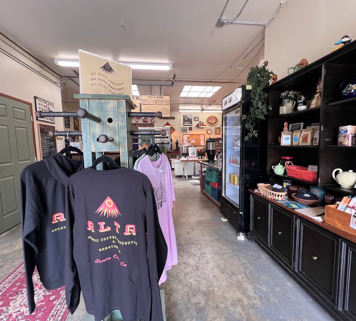 Interior of Alta Organic Coffee Warehouse & Roasting Co., specialty coffee shop in Santa Cruz