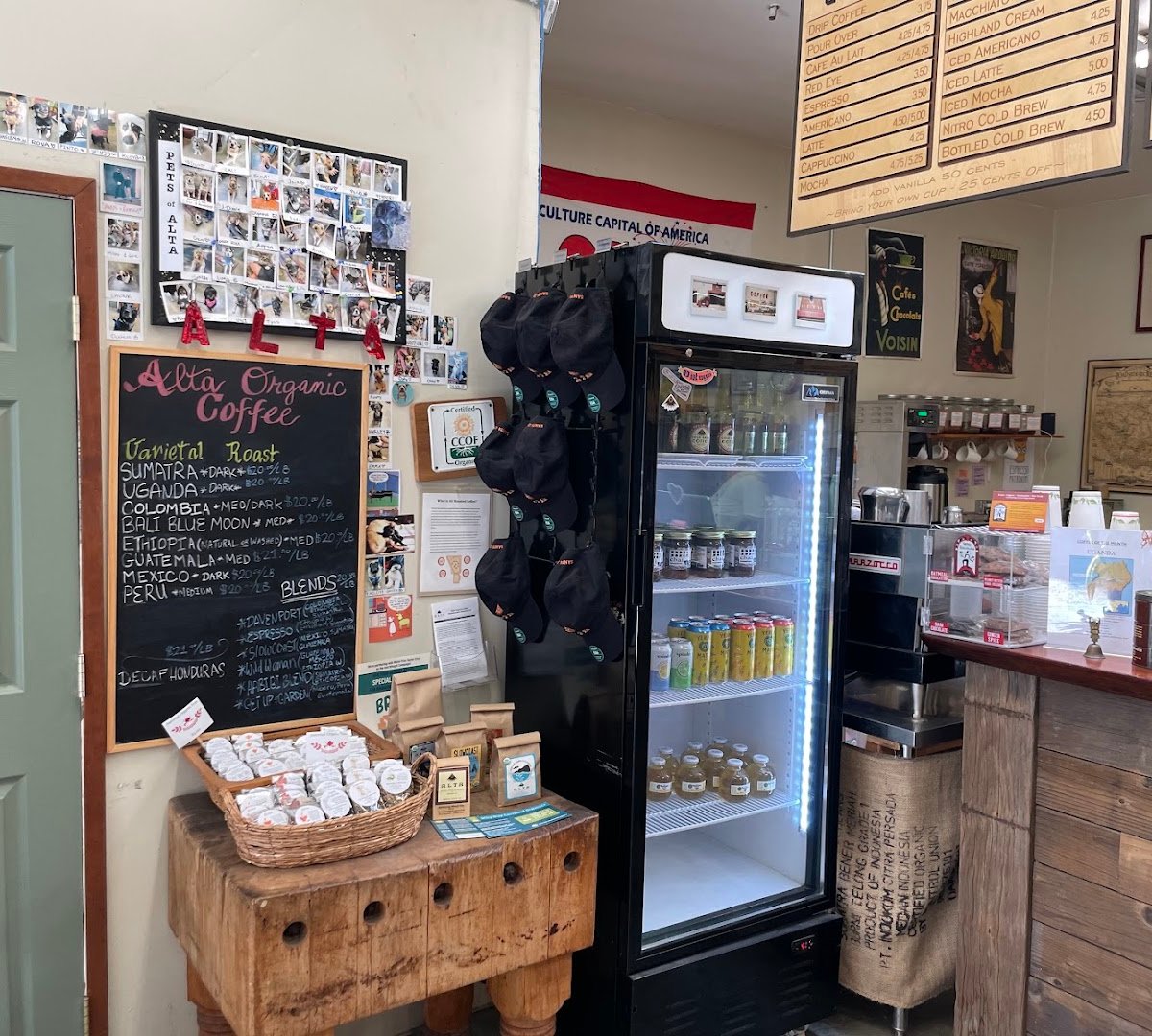 Interior of Alta Organic Coffee Warehouse & Roasting Co., specialty coffee shop in Santa Cruz
