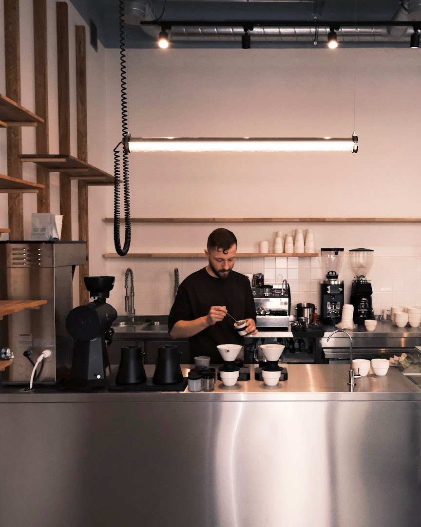 Interior of ROST microroastery & café, specialty coffee shop in Warsaw
