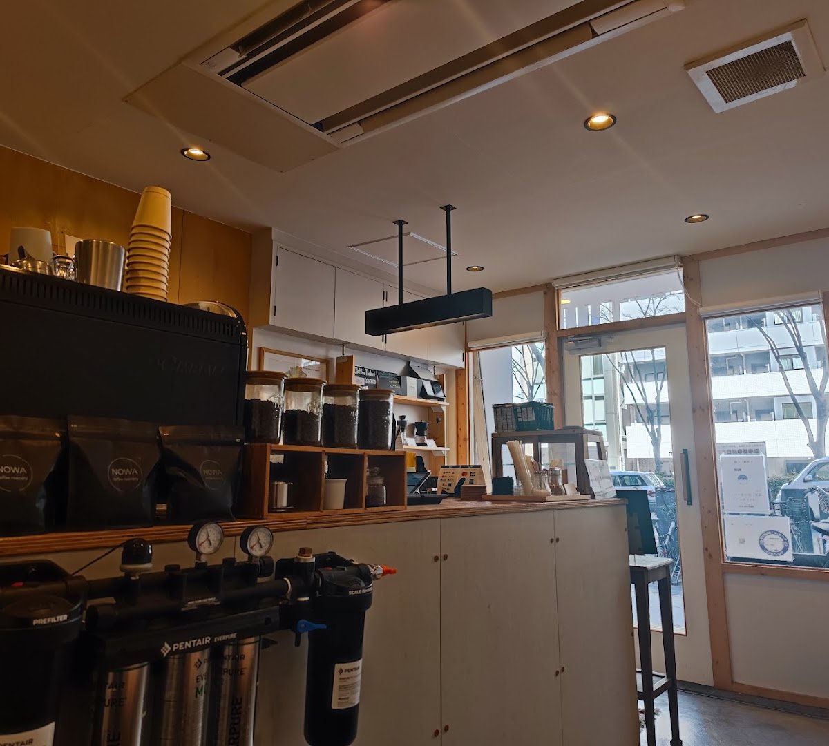 Interior of NOWA coffee roastery, specialty coffee shop in Osaka
