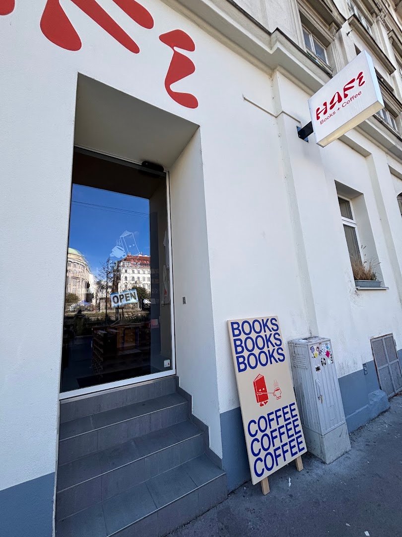 Storefront of Hafi Books + Coffee, specialty coffee shop in Vienna