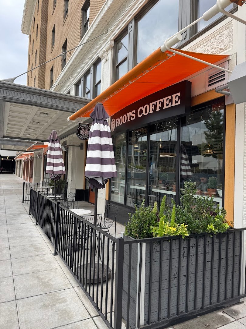 Storefront of Roots Coffee, specialty coffee shop in Sacramento
