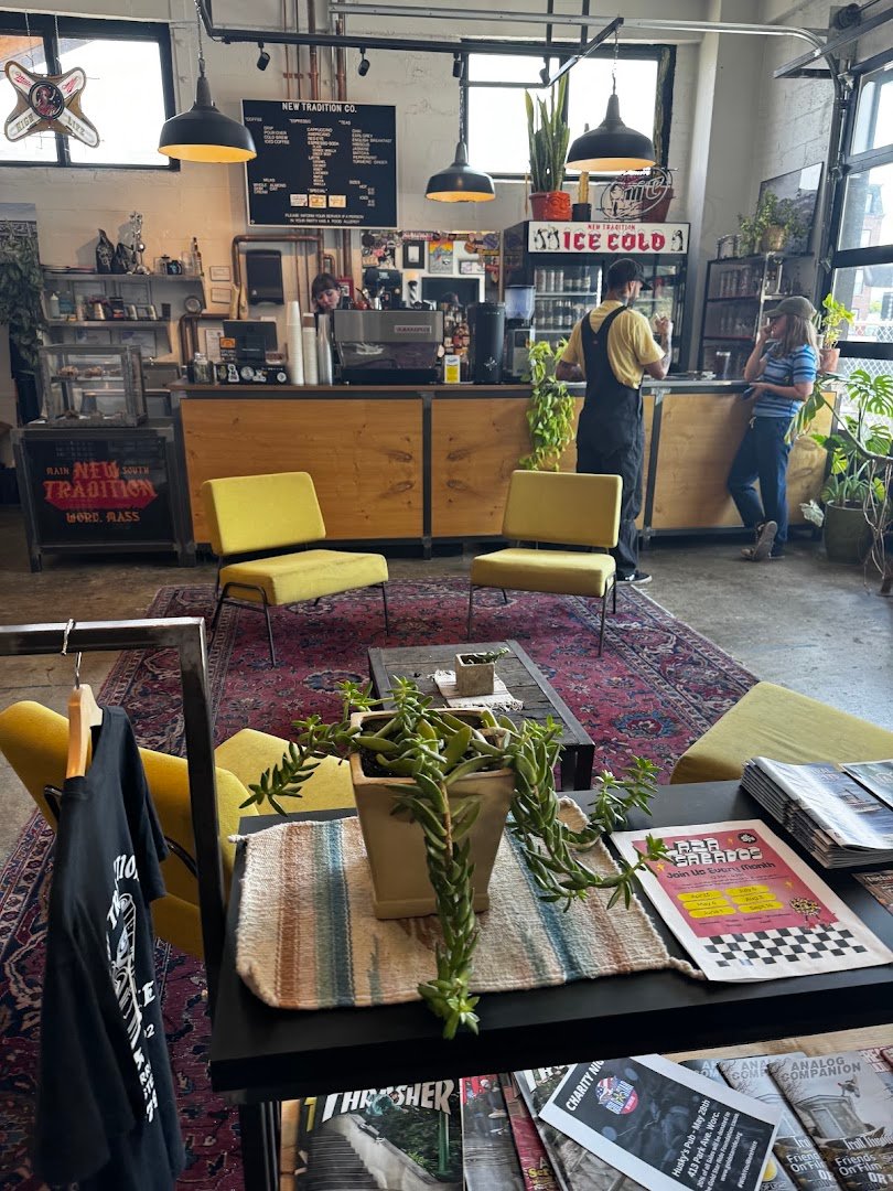 Interior of New Tradition Co, specialty coffee shop in Worcester
