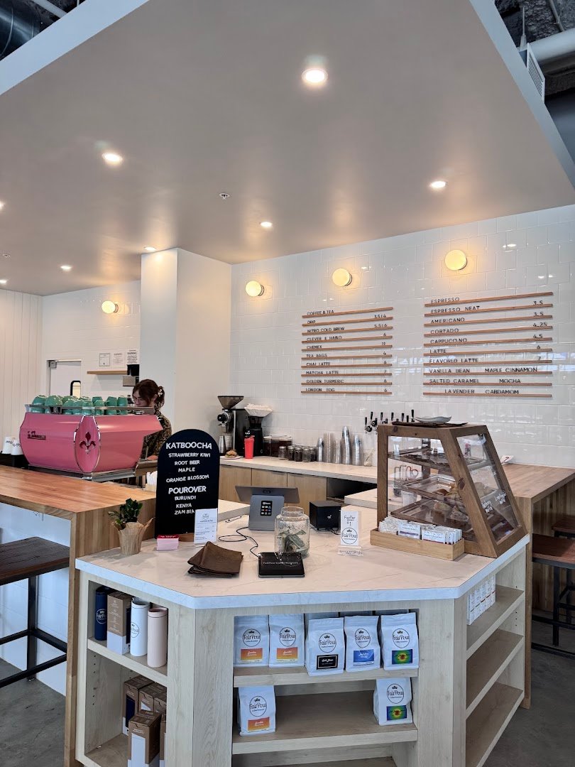 Interior of FairPour Coffee Roasters, specialty coffee shop in Rochester