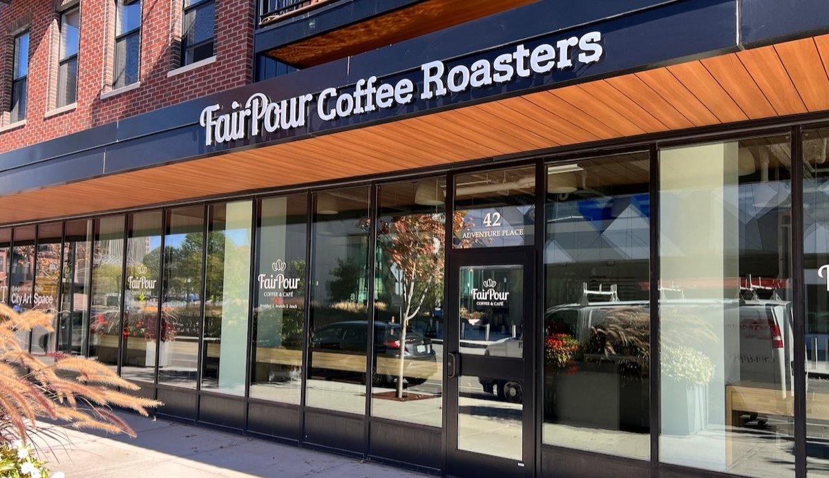 Storefront of FairPour Coffee Roasters, specialty coffee shop in Rochester