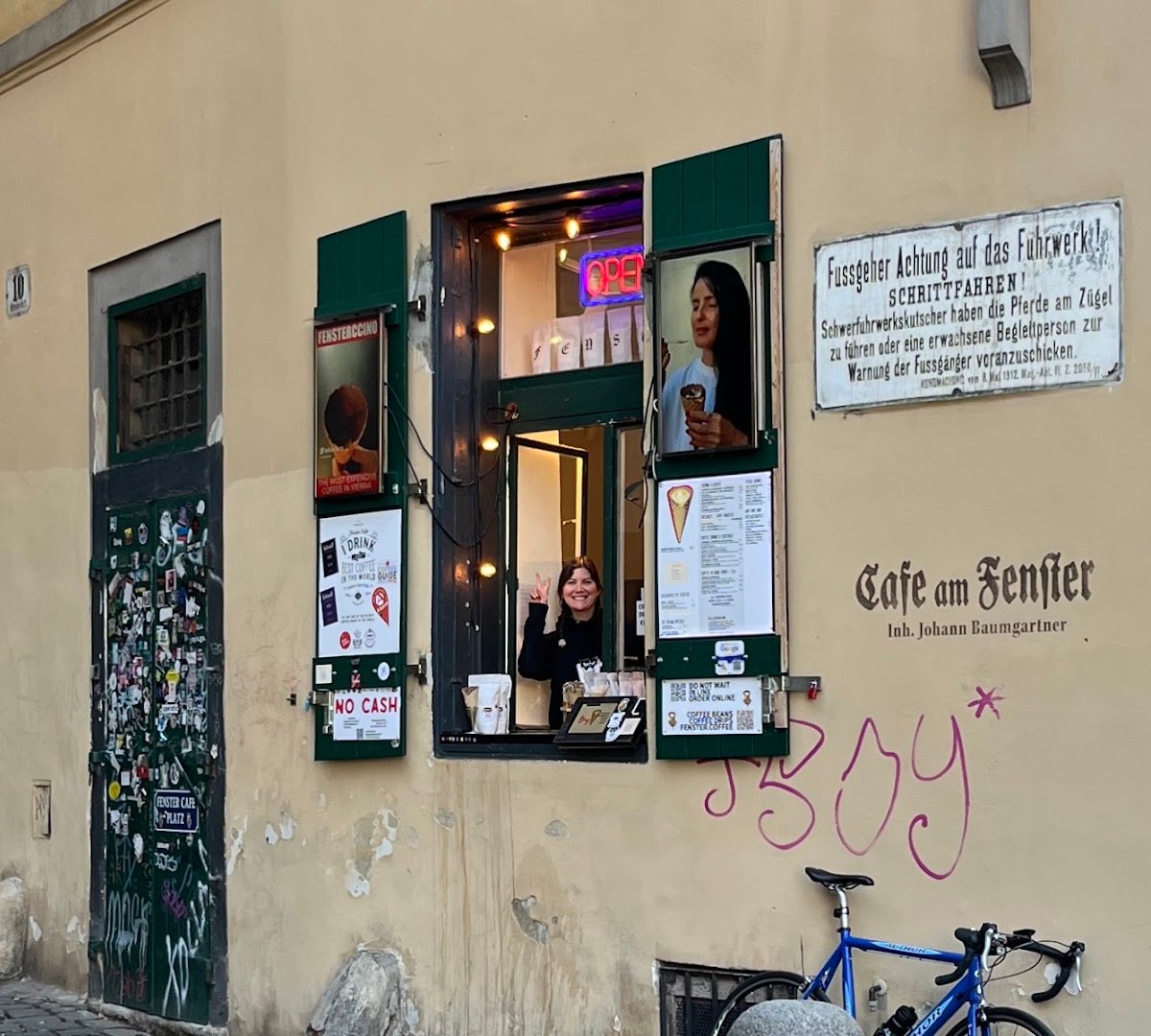 Storefront of Fenster Café, specialty coffee shop in Vienna
