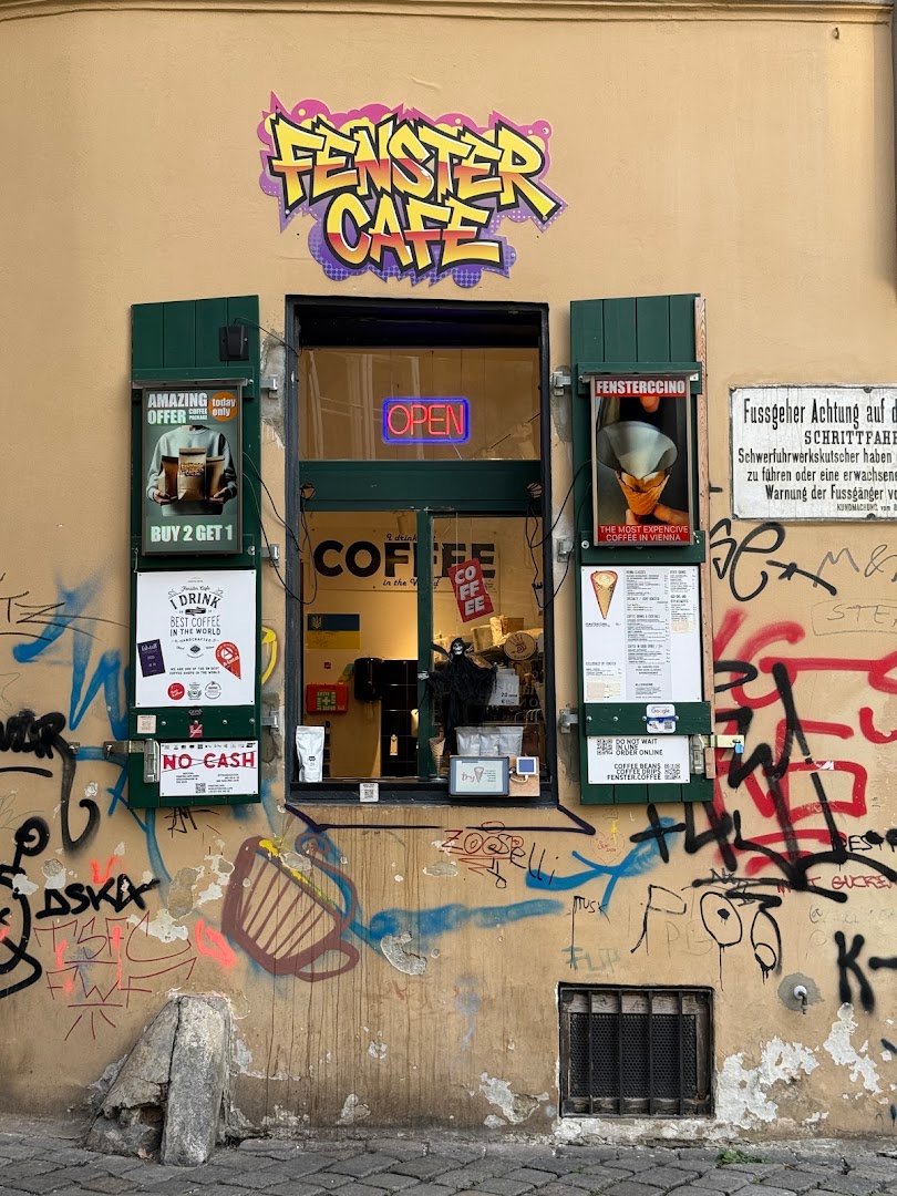 Storefront of Fenster Café, specialty coffee shop in Vienna