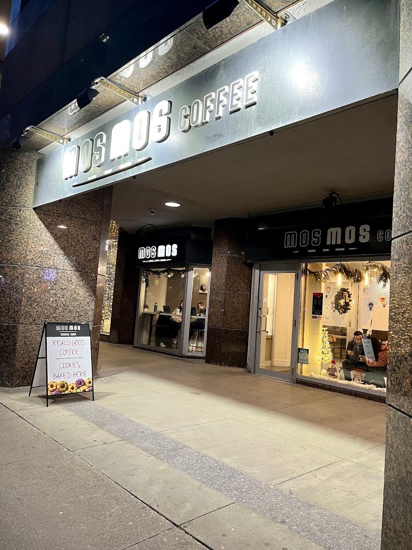 Storefront of Mos Mos Coffee & Cookie Shop, specialty coffee shop in Toronto