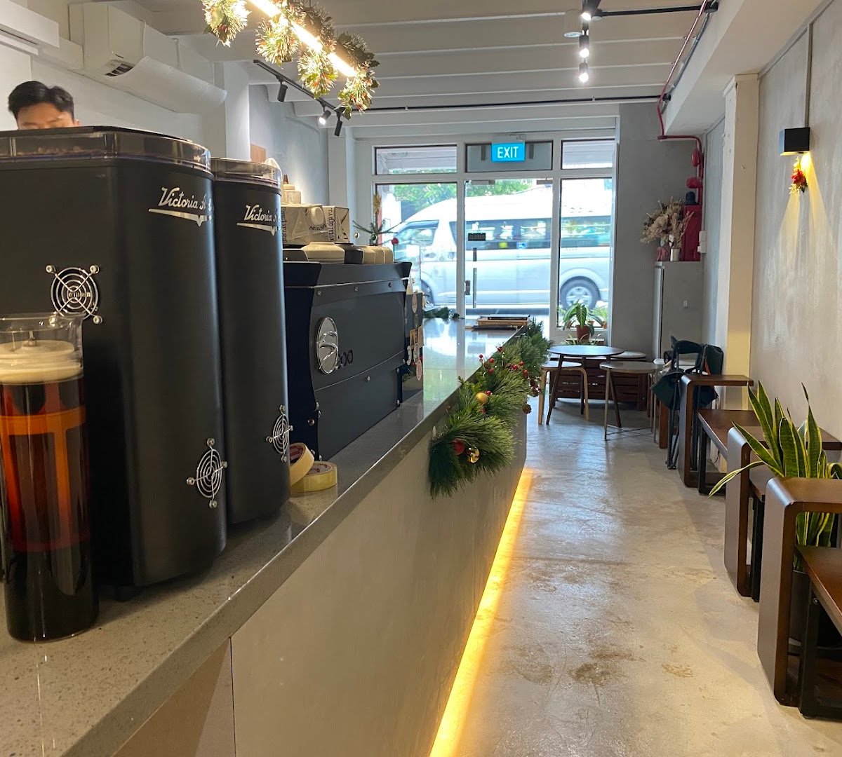 Interior of Grey Area Coffee Roasters, specialty coffee shop in Singapore