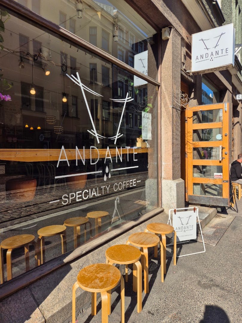 Storefront of Andante Coffee, specialty coffee shop in Helsinki