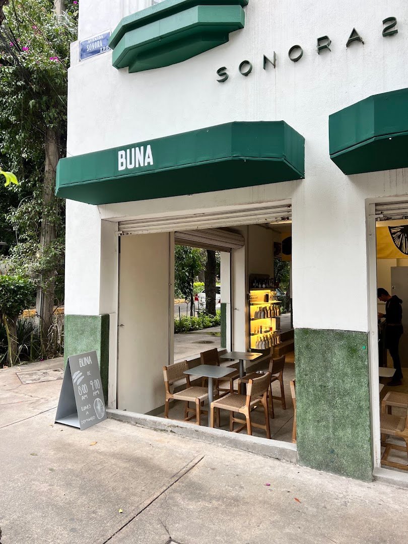 Storefront of BUNA Condesa, specialty coffee shop in Mexico City