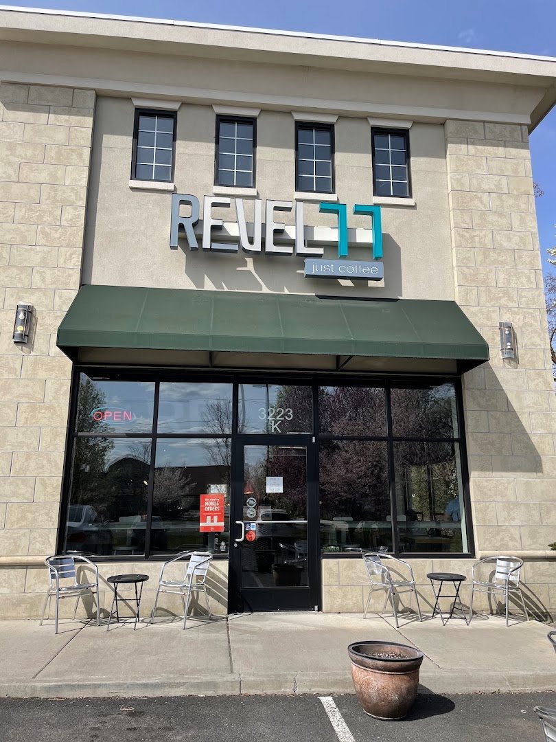 Storefront of Revel 77 Coffee Roasting, specialty coffee shop in Spokane