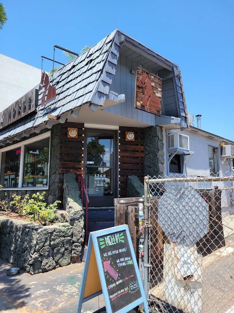 Storefront of Dark Horse Coffee Roasters, specialty coffee shop in San Diego