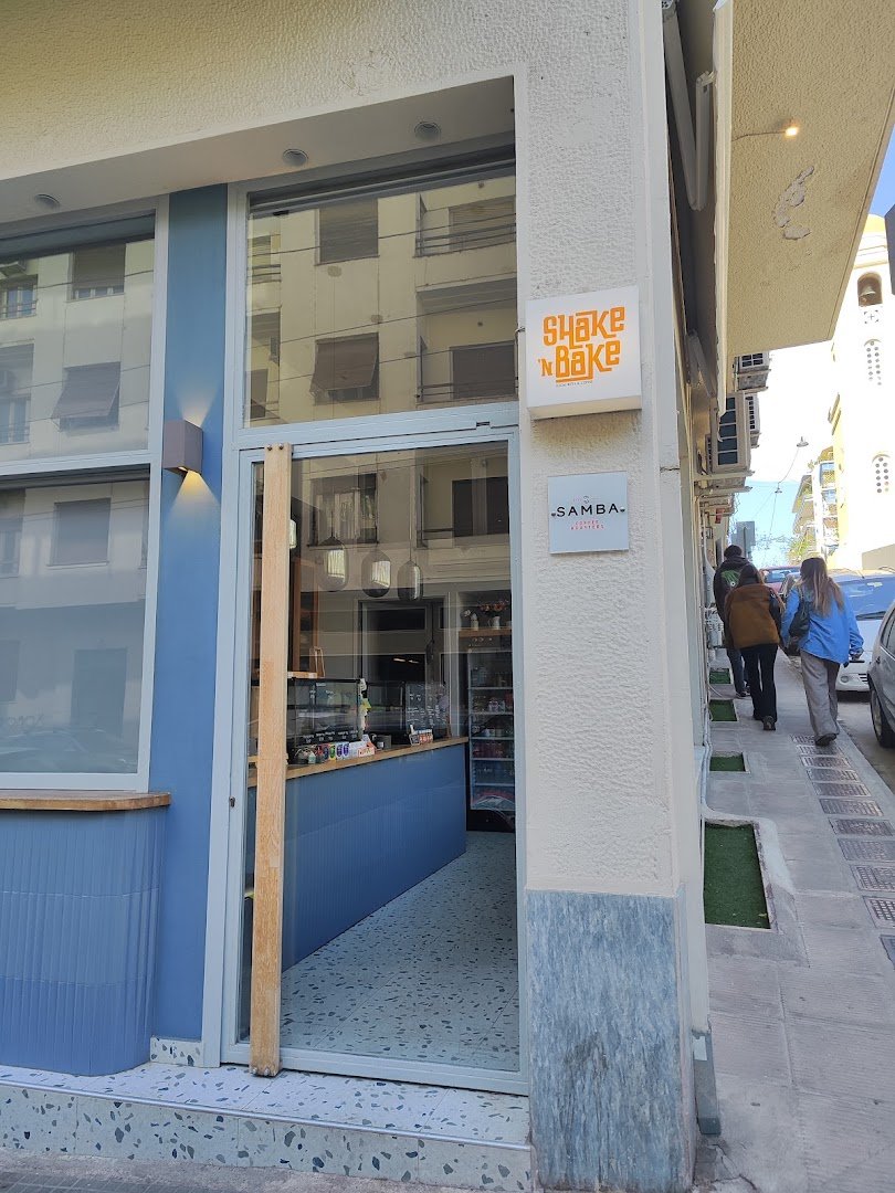Storefront of Shake 'n Bake, specialty coffee shop in Athens