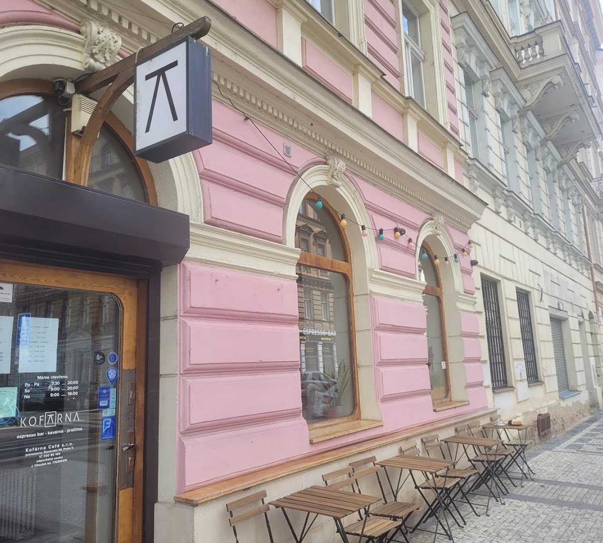 Storefront of Kofárna Újezd, specialty coffee shop in Prague