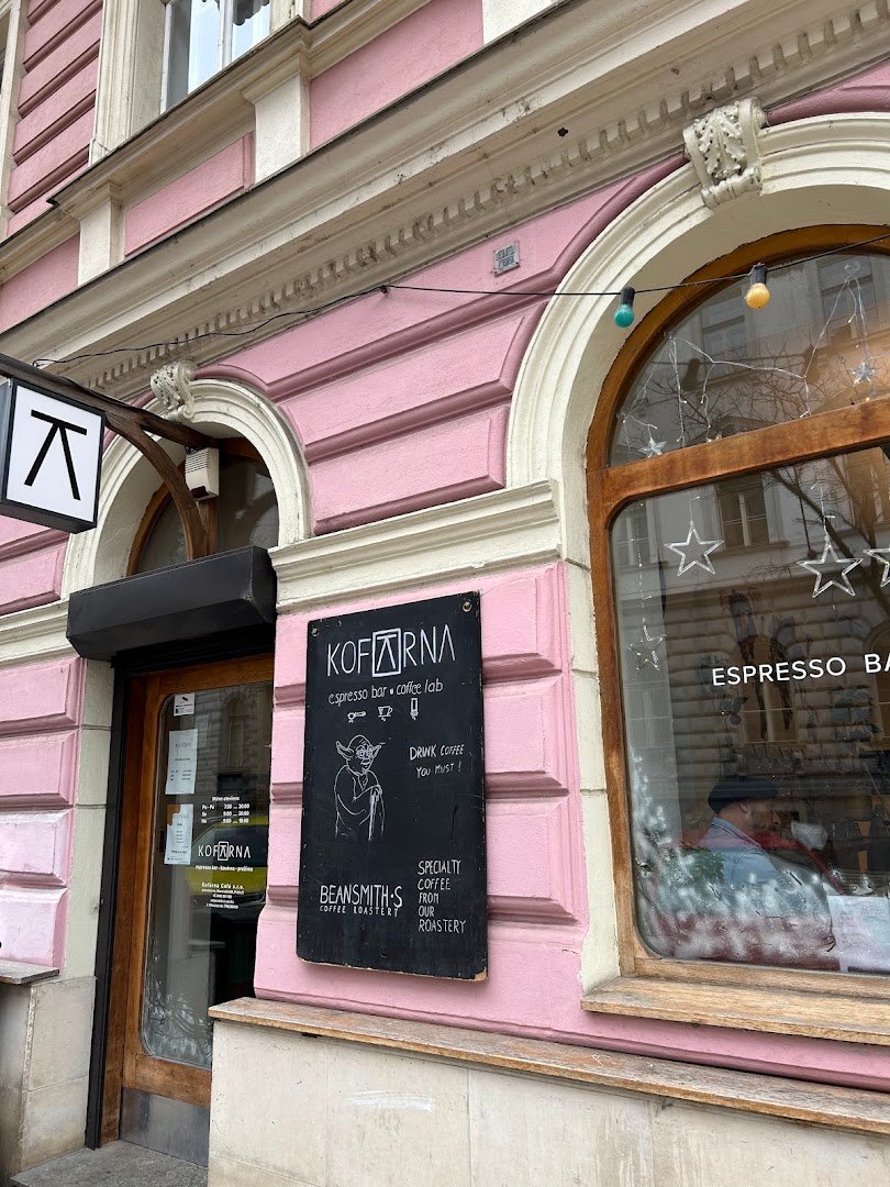 Storefront of Kofárna Újezd, specialty coffee shop in Prague