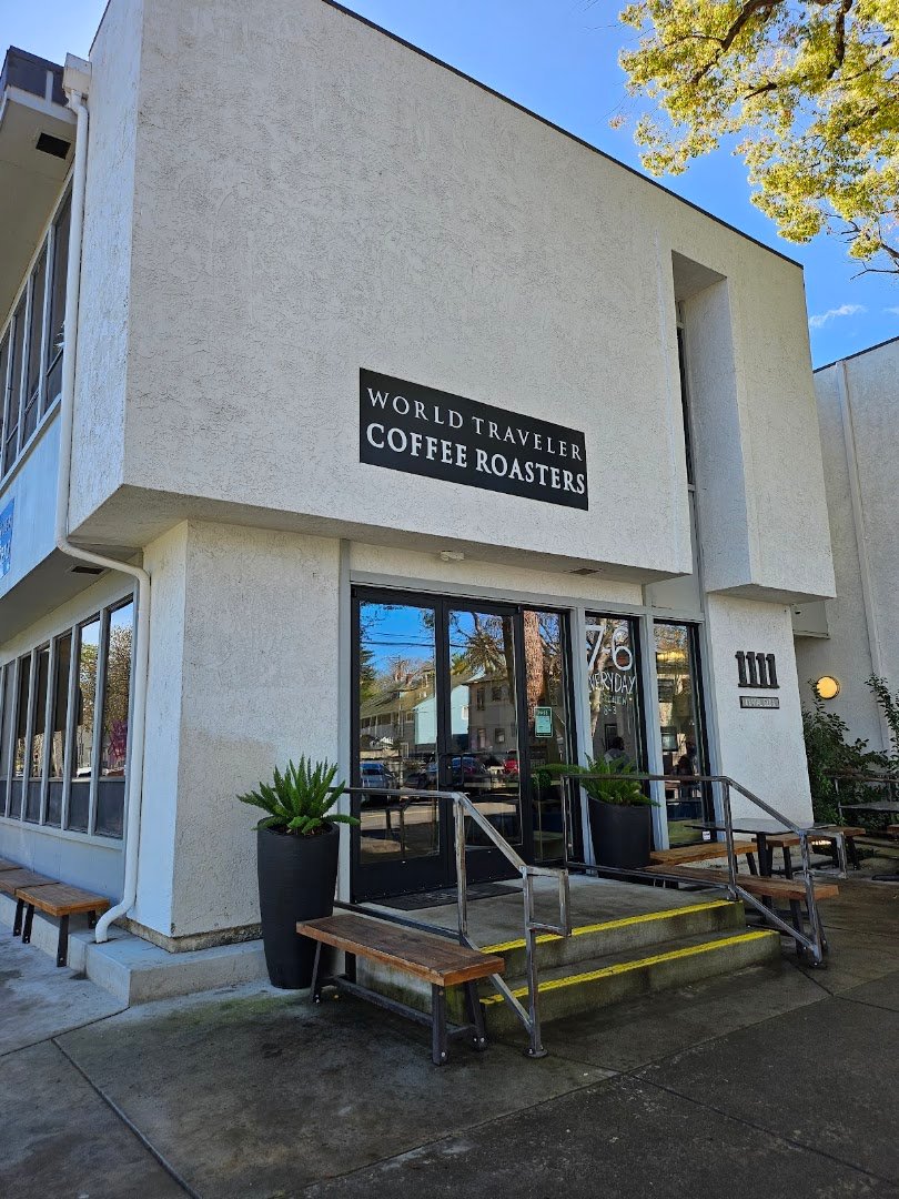 Storefront of World Traveler Coffee Roasters, specialty coffee shop in Sacramento