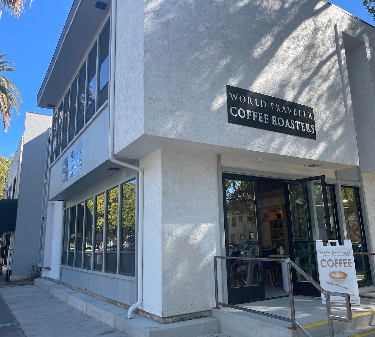 Storefront of World Traveler Coffee Roasters, specialty coffee shop in Sacramento