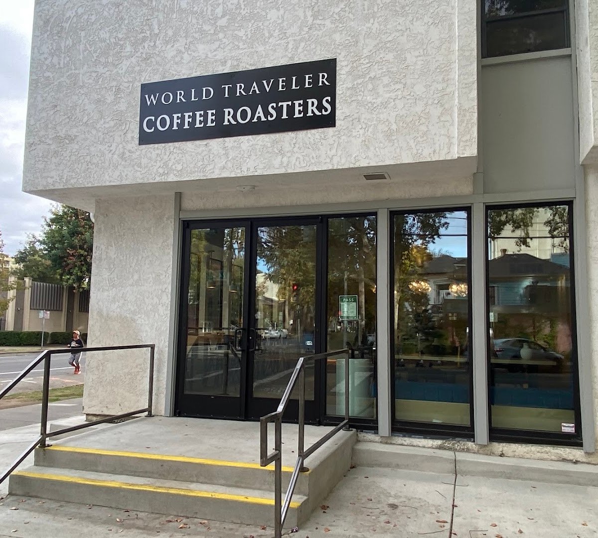 Storefront of World Traveler Coffee Roasters, specialty coffee shop in Sacramento