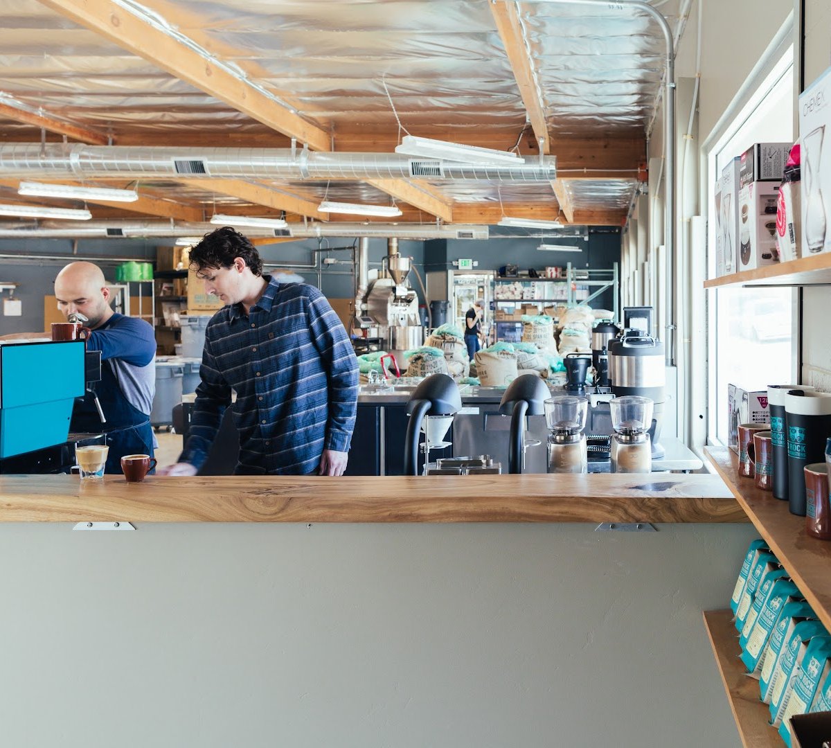Interior of Bird Rock Coffee Roasters, specialty coffee shop in San Diego