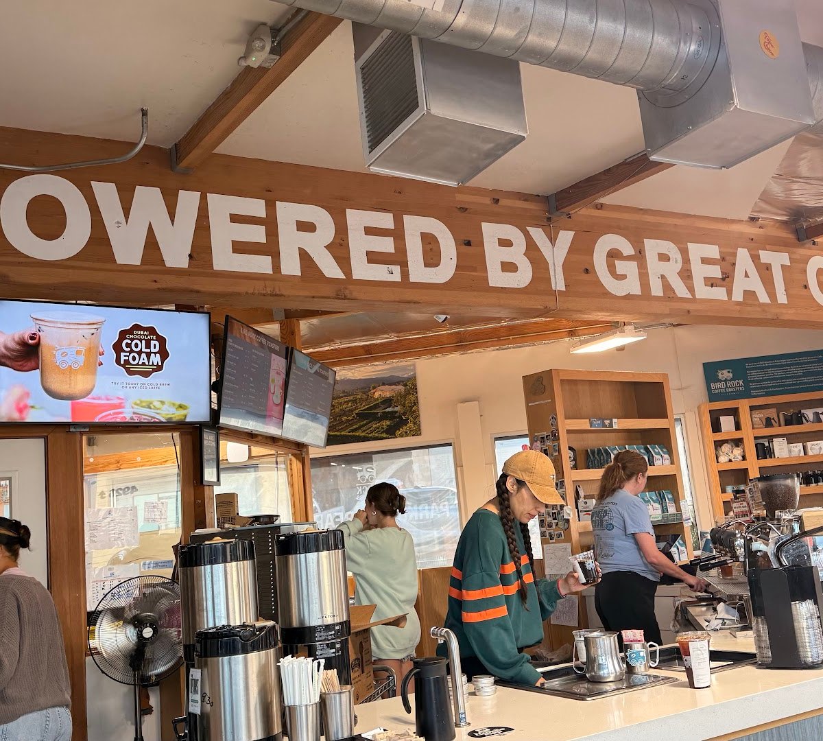 Interior of Bird Rock Coffee Roasters, specialty coffee shop in San Diego