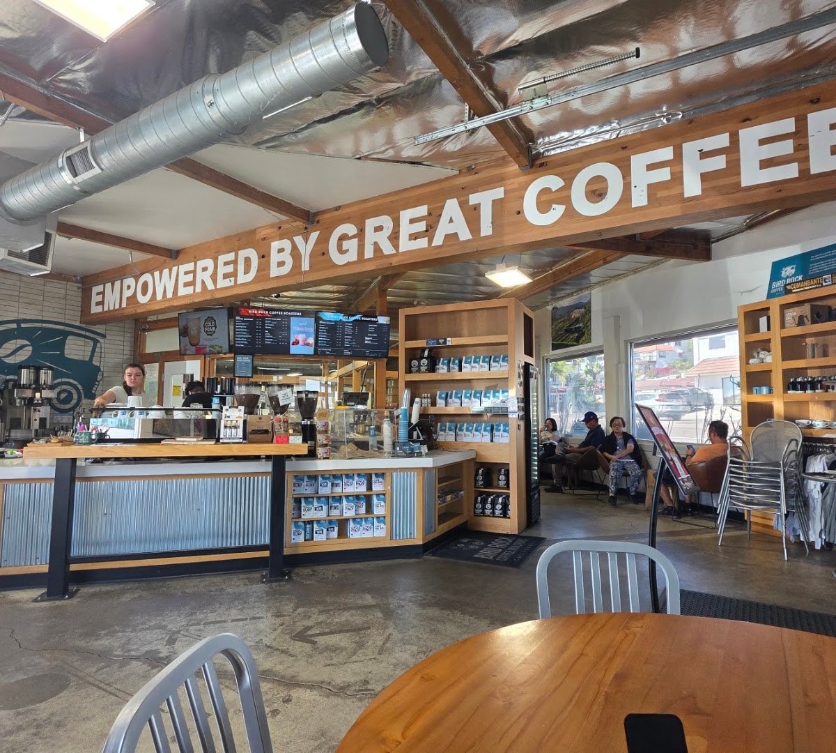 Interior of Bird Rock Coffee Roasters, specialty coffee shop in San Diego