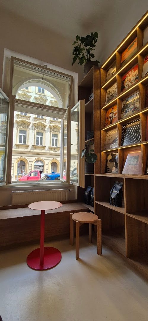 Interior of Pikola Praha, specialty coffee shop in Prague