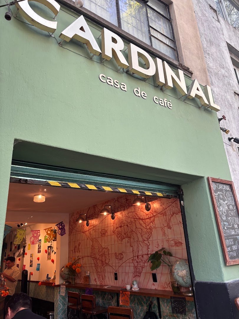 Storefront of Cardinal Coffee House, specialty coffee shop in Mexico City