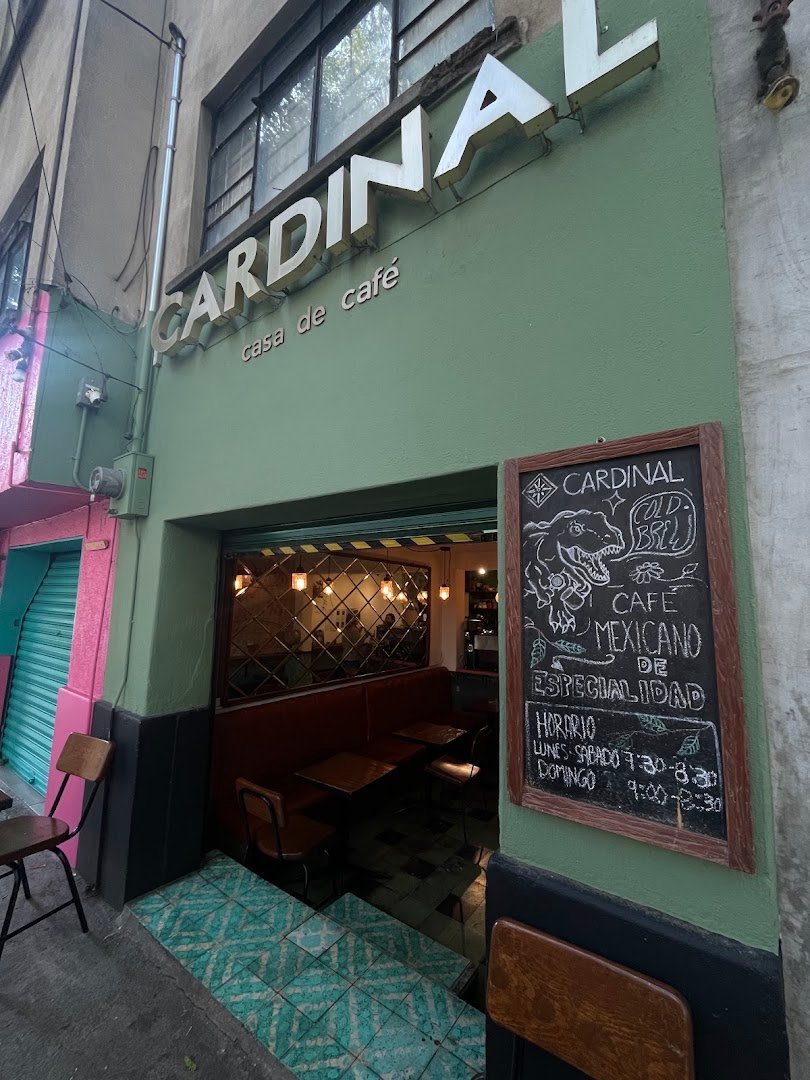Storefront of Cardinal Coffee House, specialty coffee shop in Mexico City