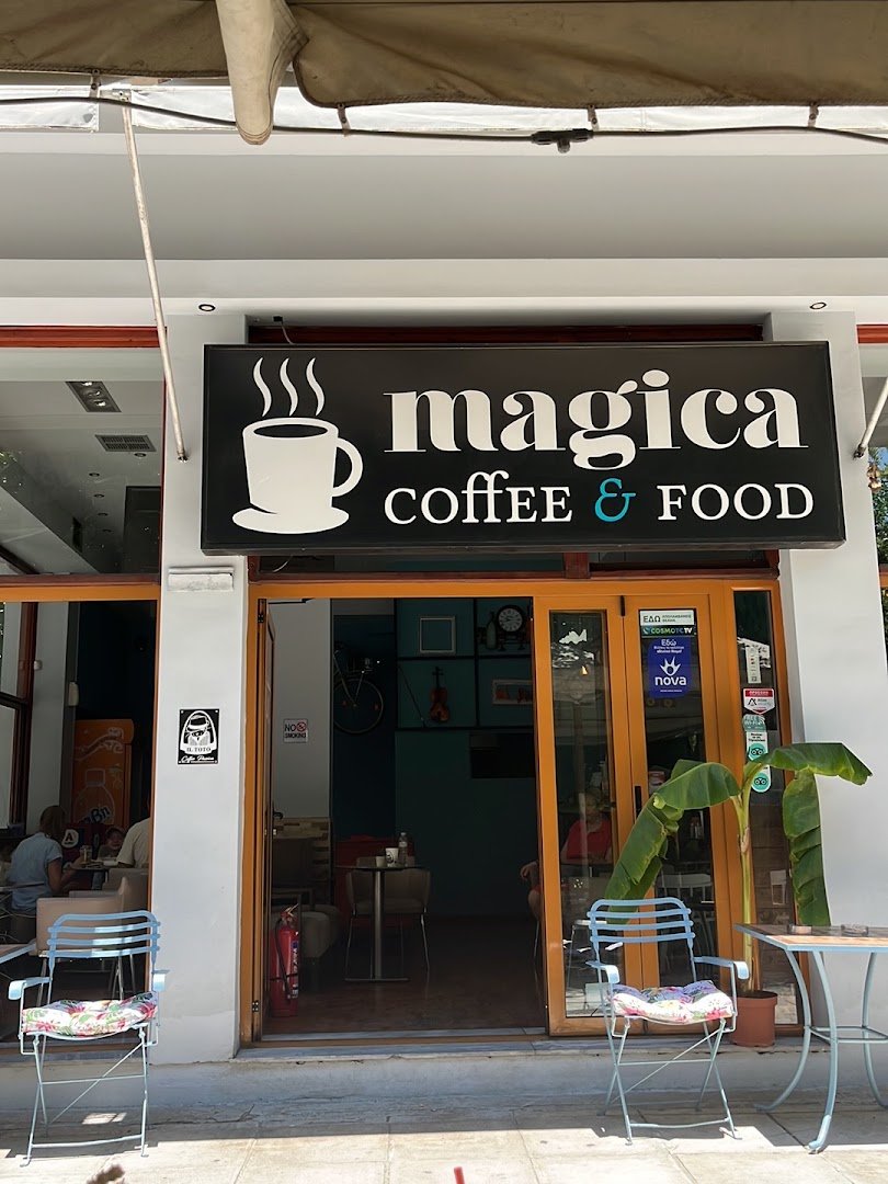 Storefront of Magica coffee food, specialty coffee shop in Athens