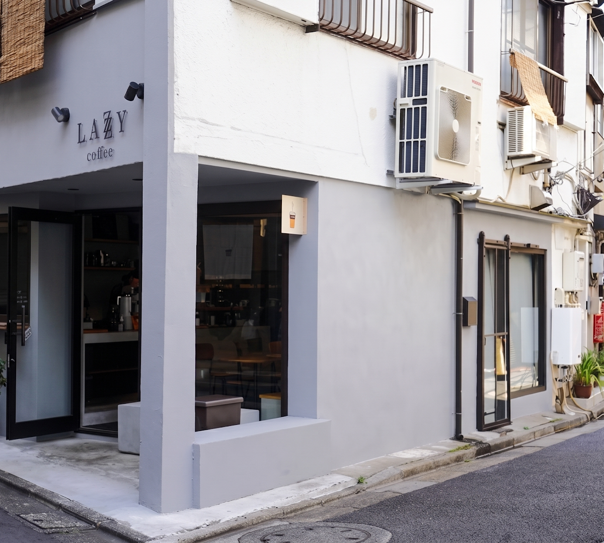 Storefront of LAZZY coffee, specialty coffee shop in Tokyo