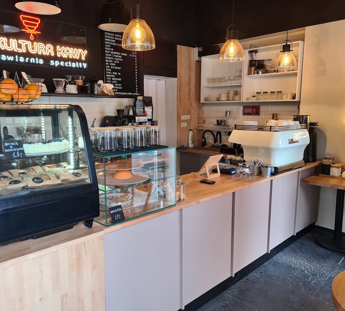 Interior of Kultura Kawy, specialty coffee shop in Warsaw