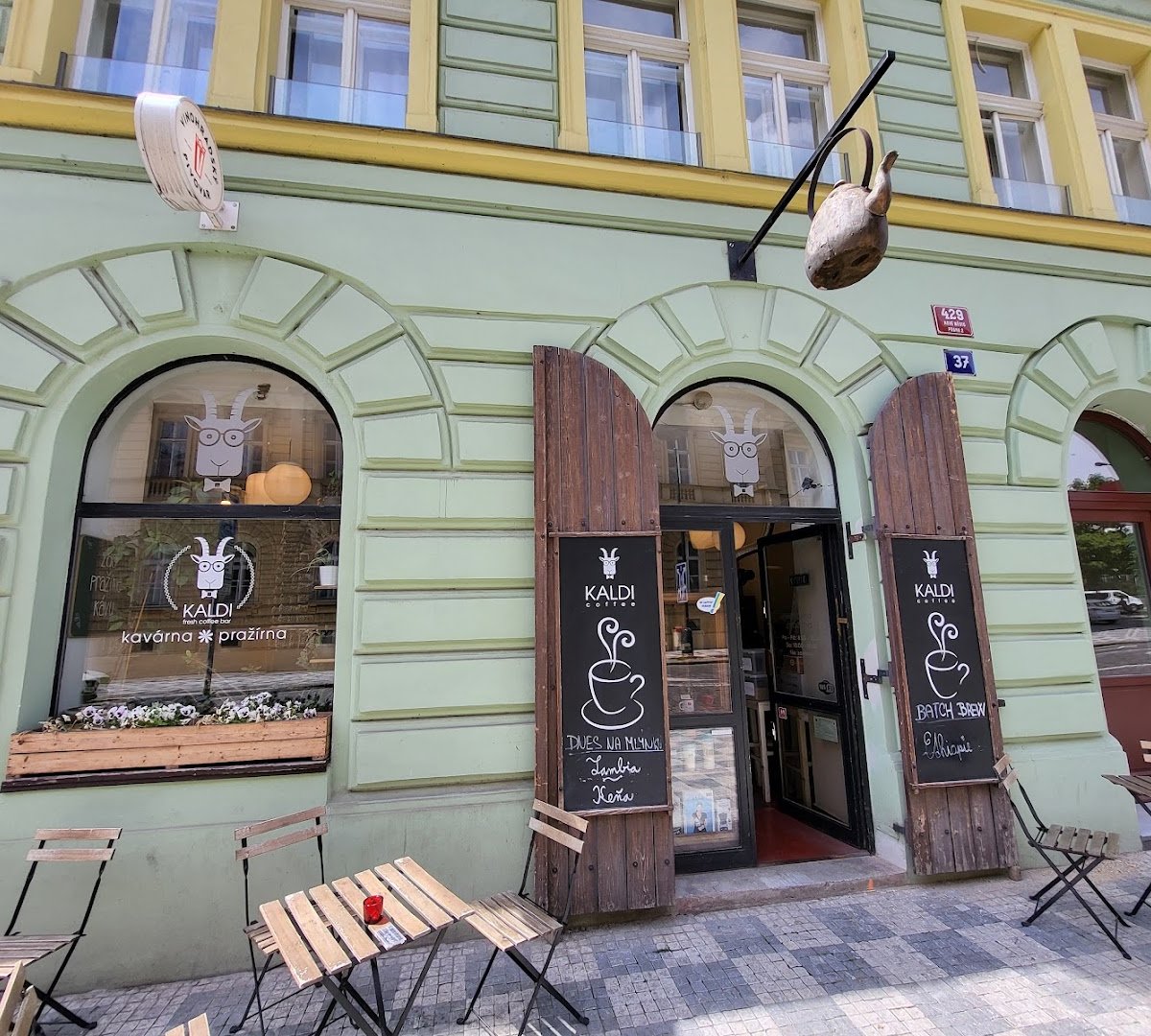 Storefront of Kaldi, specialty coffee shop in Prague
