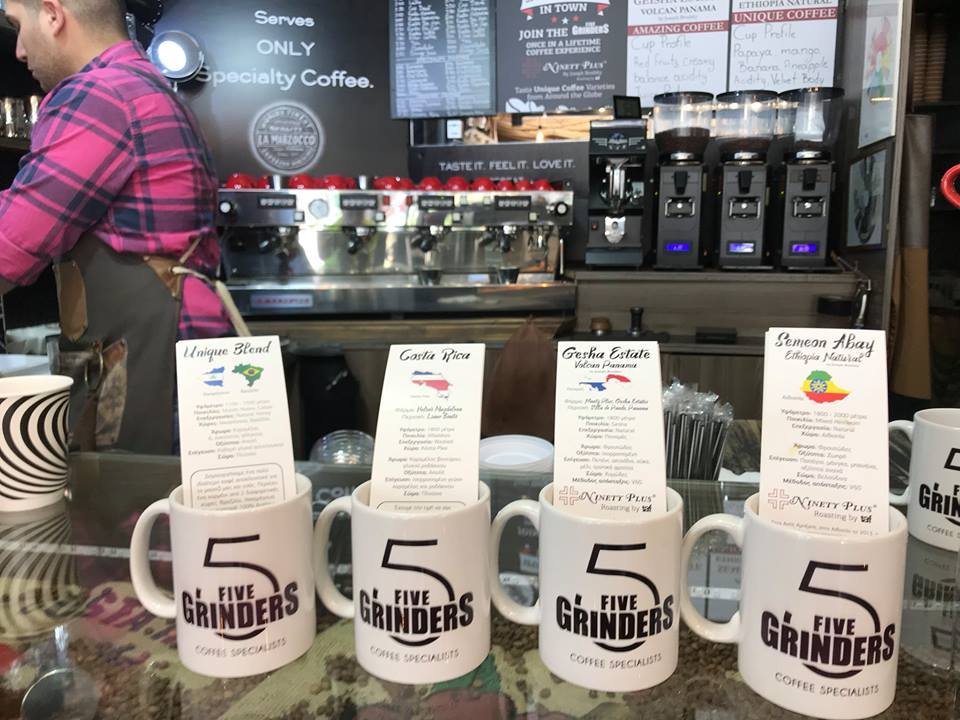 Interior of Five 5 Grinders, specialty coffee shop in Athens