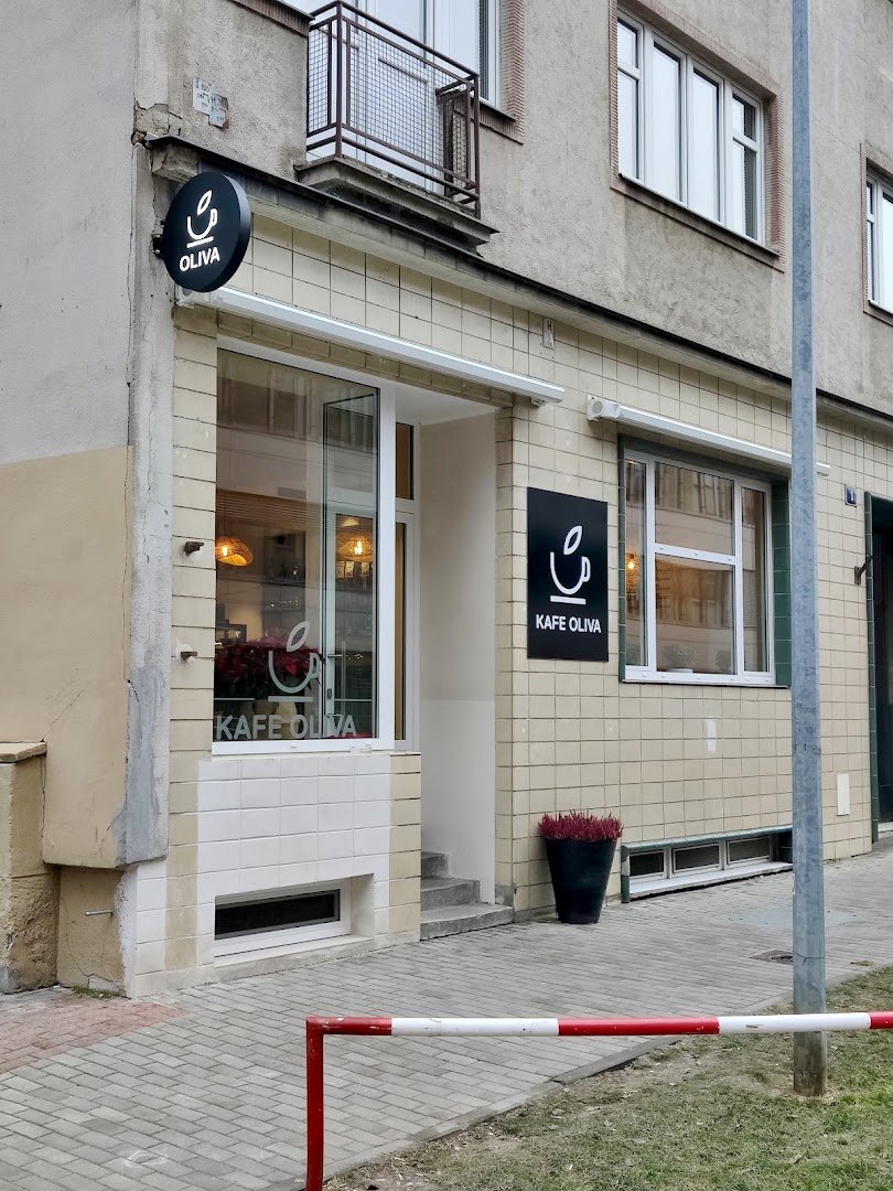 Storefront of Kafe Oliva, specialty coffee shop in Prague