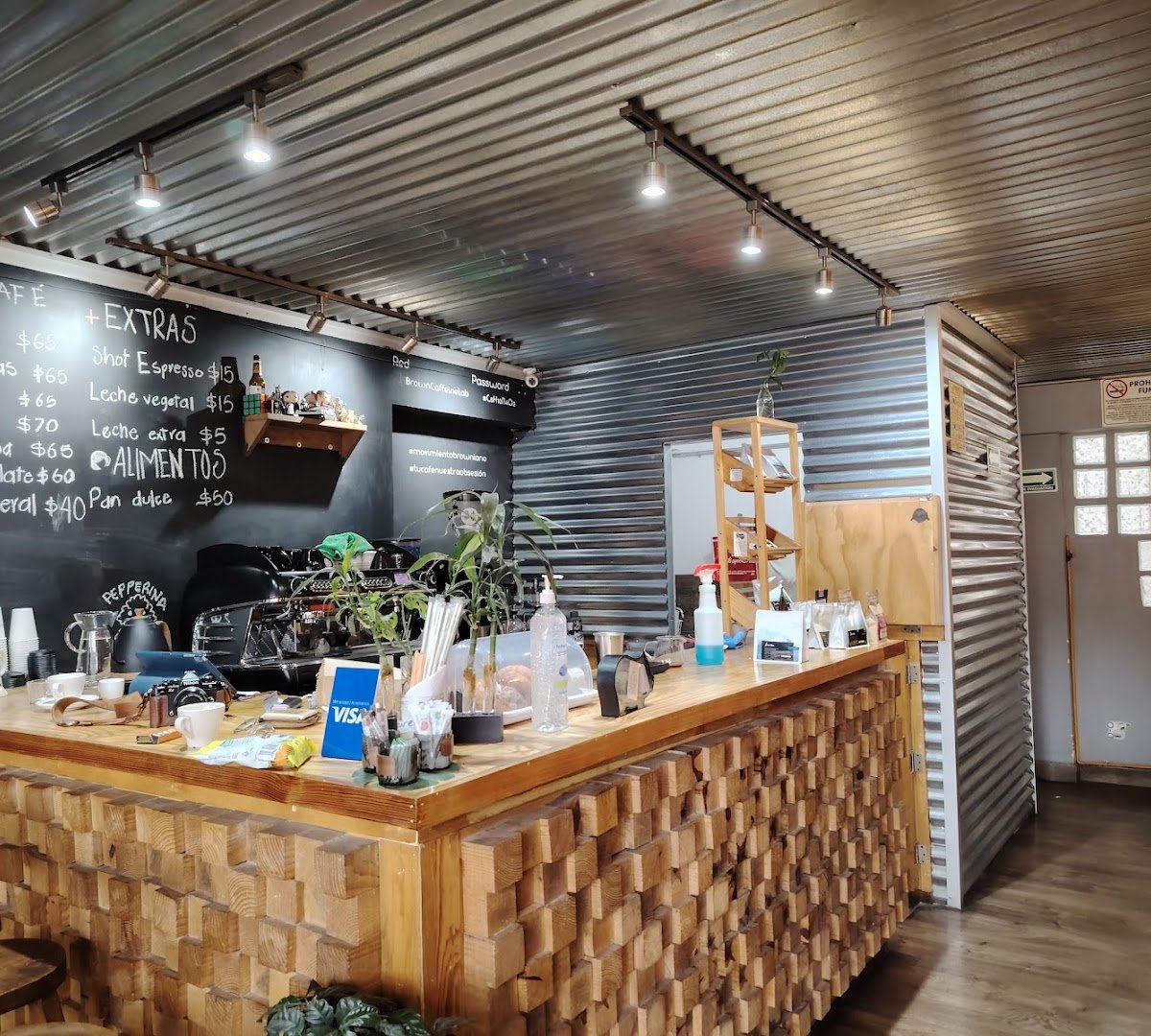 Interior of Brown Caffeine Lab, specialty coffee shop in Mexico City