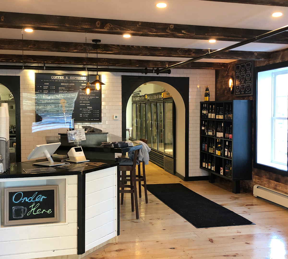 Interior of Black Cap Coffee & Bakery, specialty coffee shop in Stowe