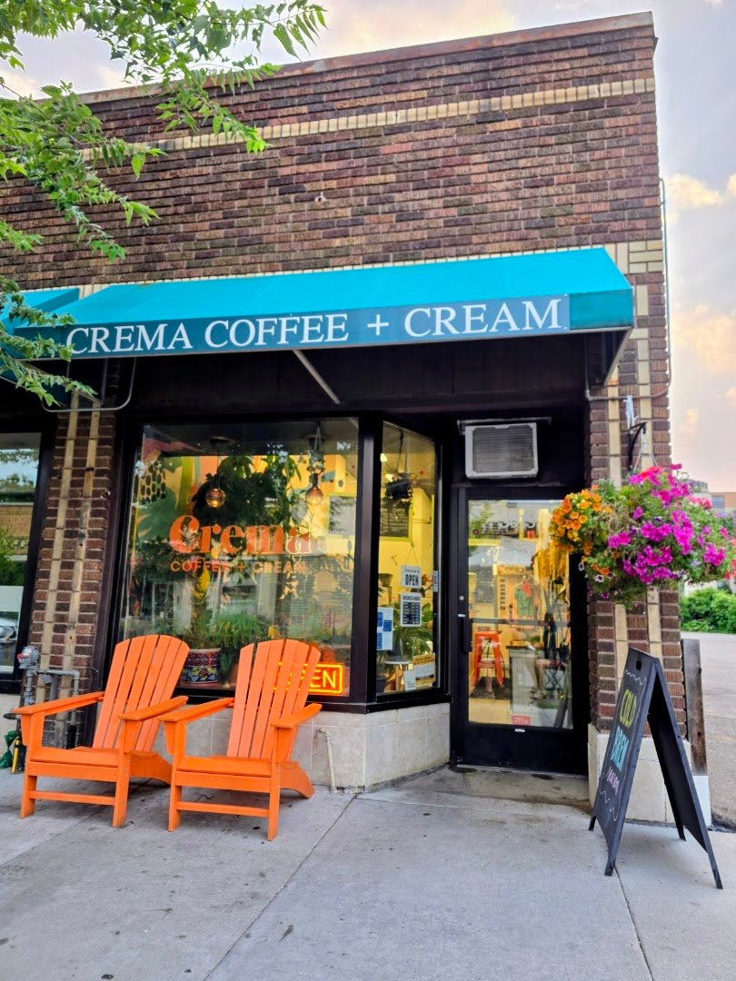 Storefront of Crema Coffee + Cream, specialty coffee shop in Minneapolis