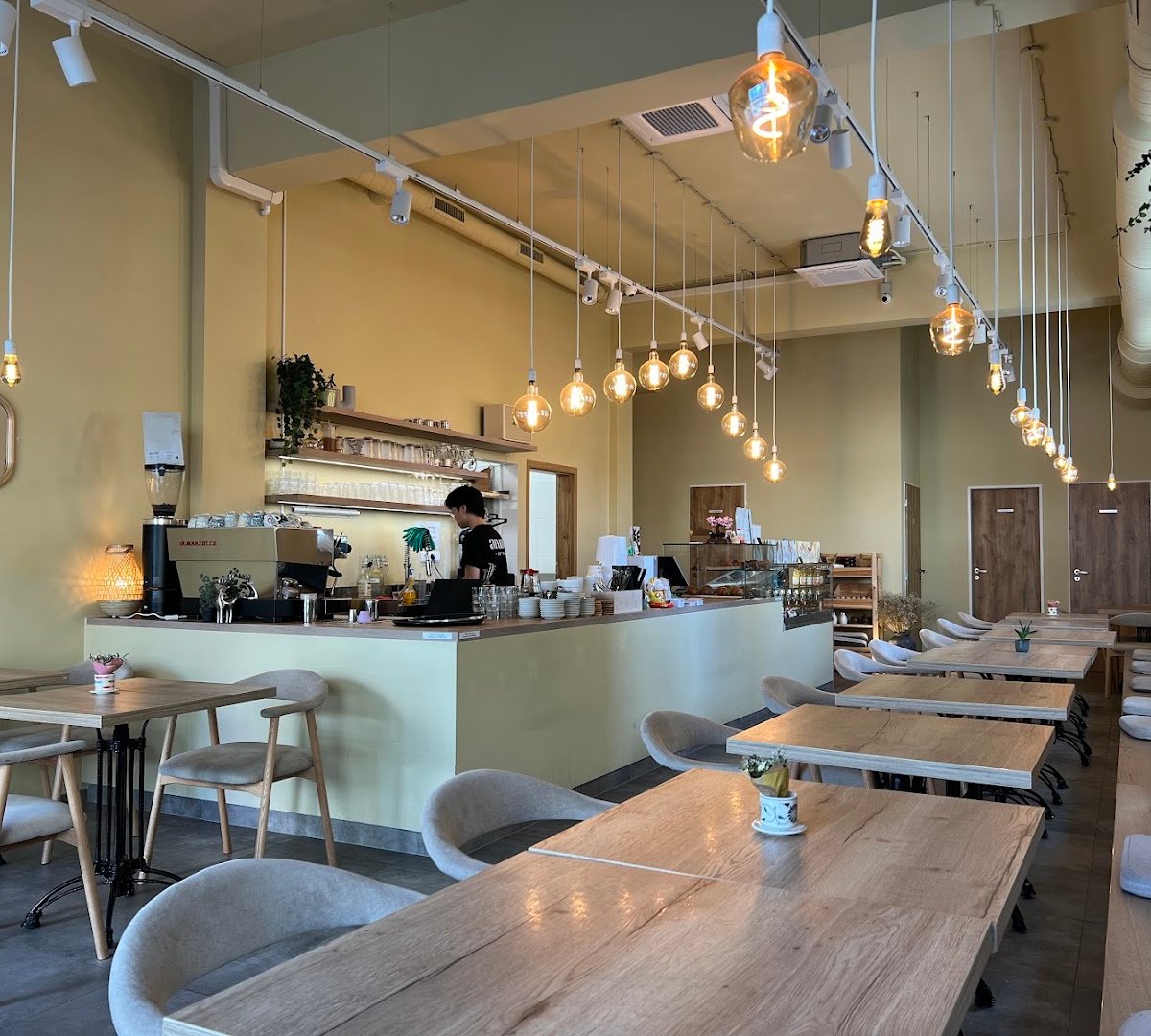 Interior of anmi cafe, specialty coffee shop in Prague