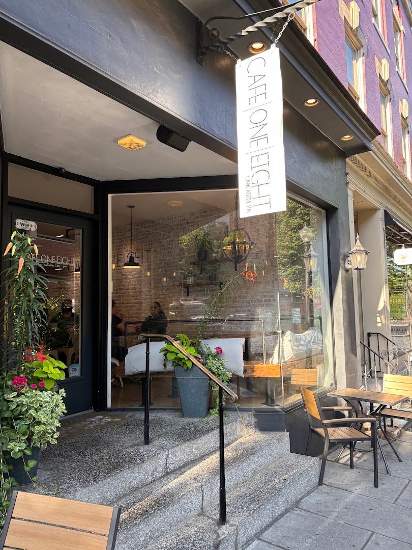 Storefront of Cafe One Eight, specialty coffee shop in Lancaster