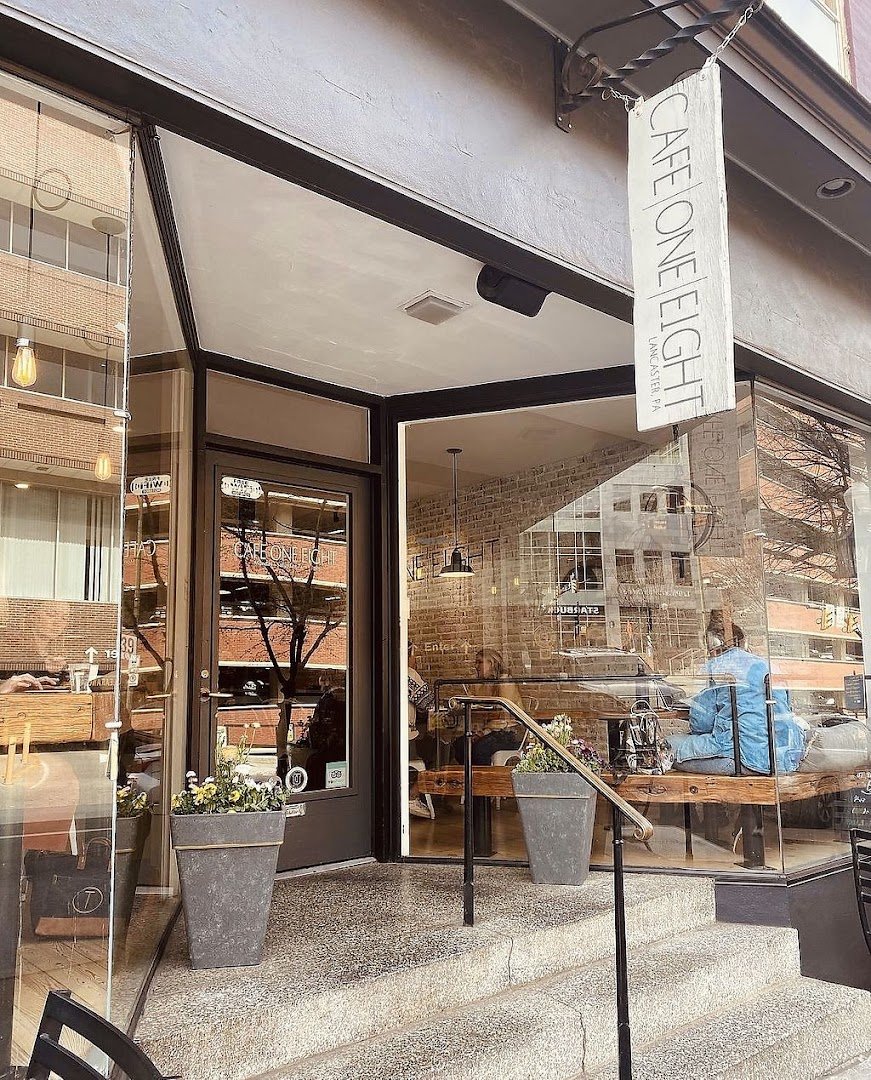 Storefront of Cafe One Eight, specialty coffee shop in Lancaster