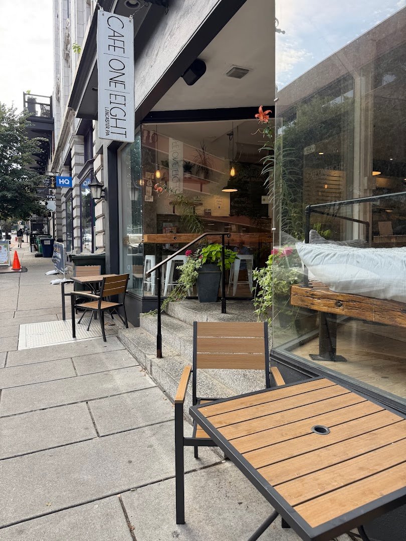 Storefront of Cafe One Eight, specialty coffee shop in Lancaster