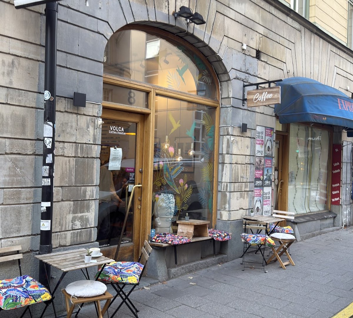 Storefront of Volca Coffee Roaster, specialty coffee shop in Stockholm