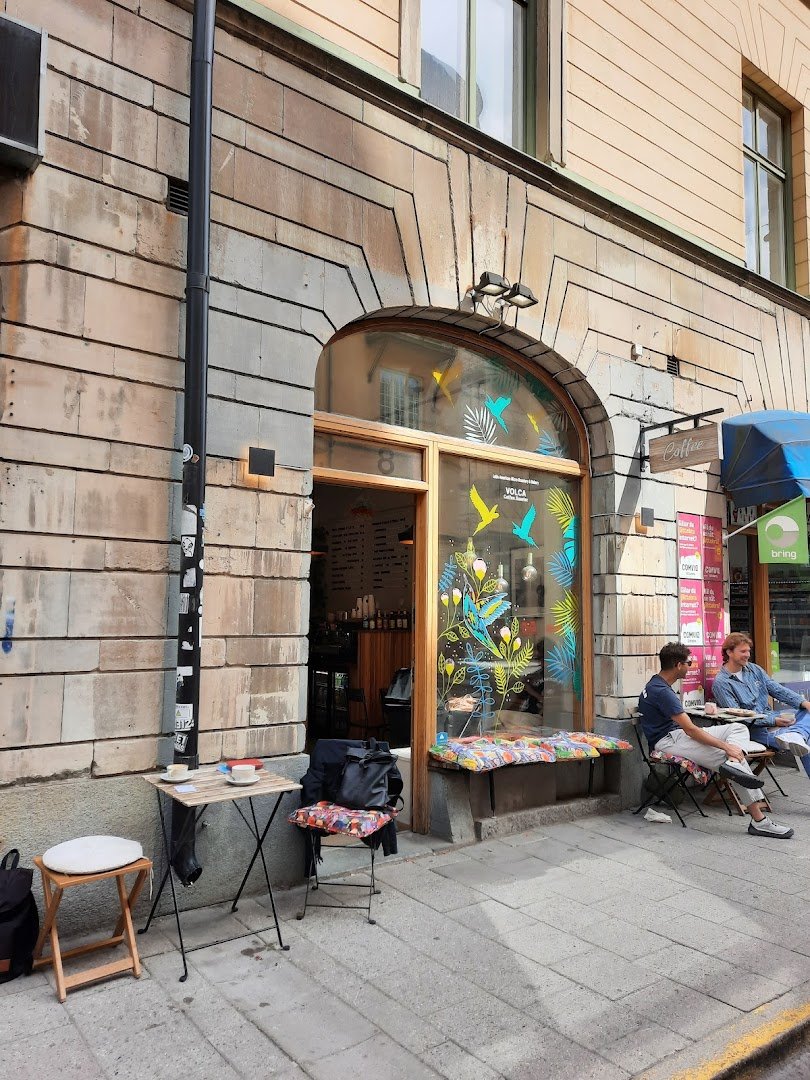 Storefront of Volca Coffee Roaster, specialty coffee shop in Stockholm