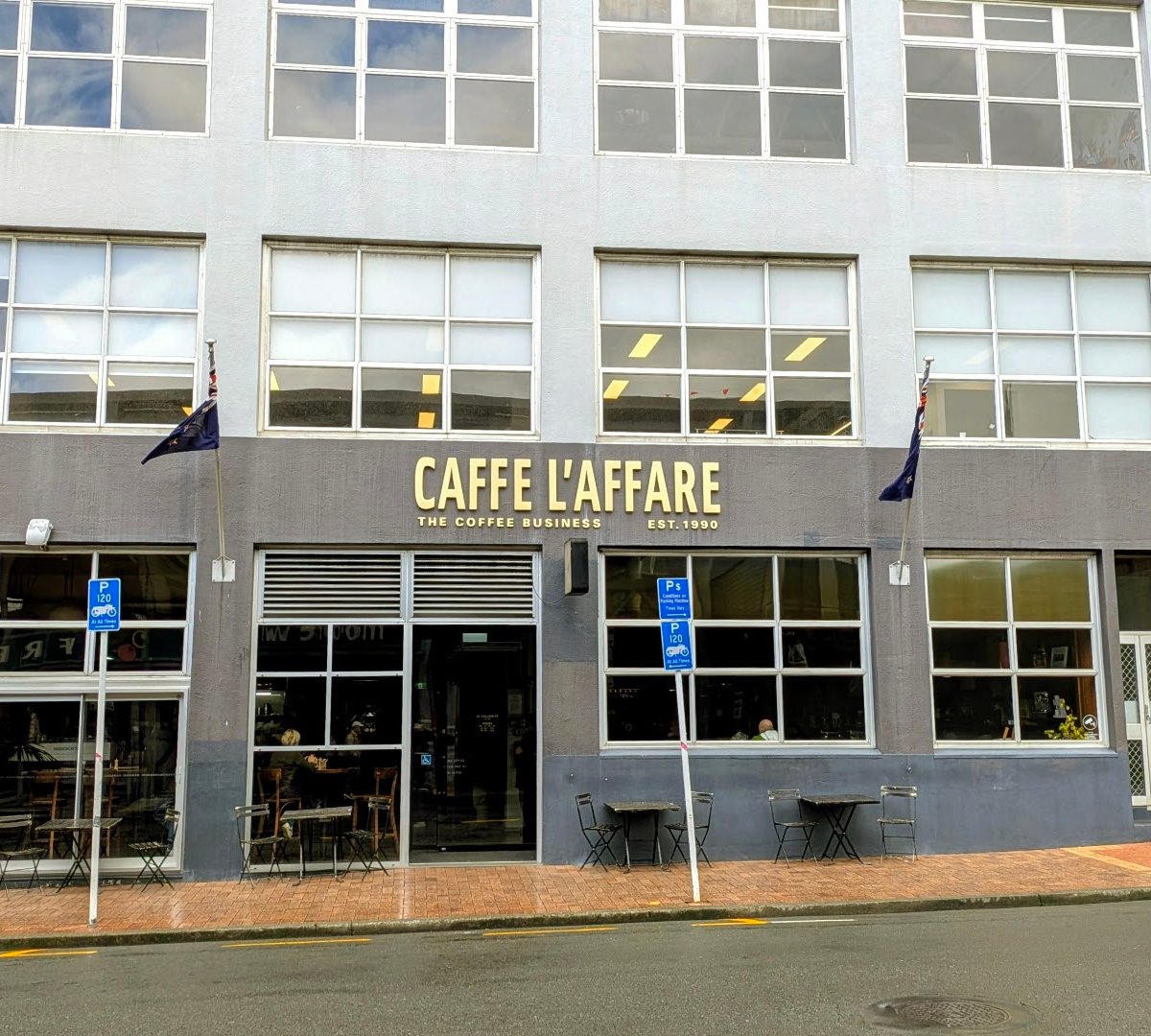 Storefront of Caffe L'affare, specialty coffee shop in Wellington