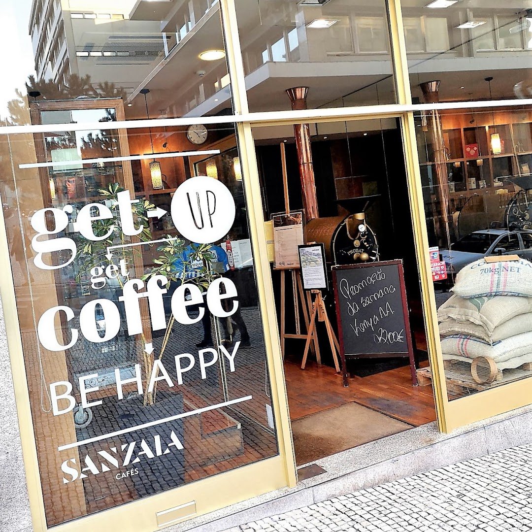 Storefront of Sanzala Coffee Roasters, specialty coffee shop in Porto