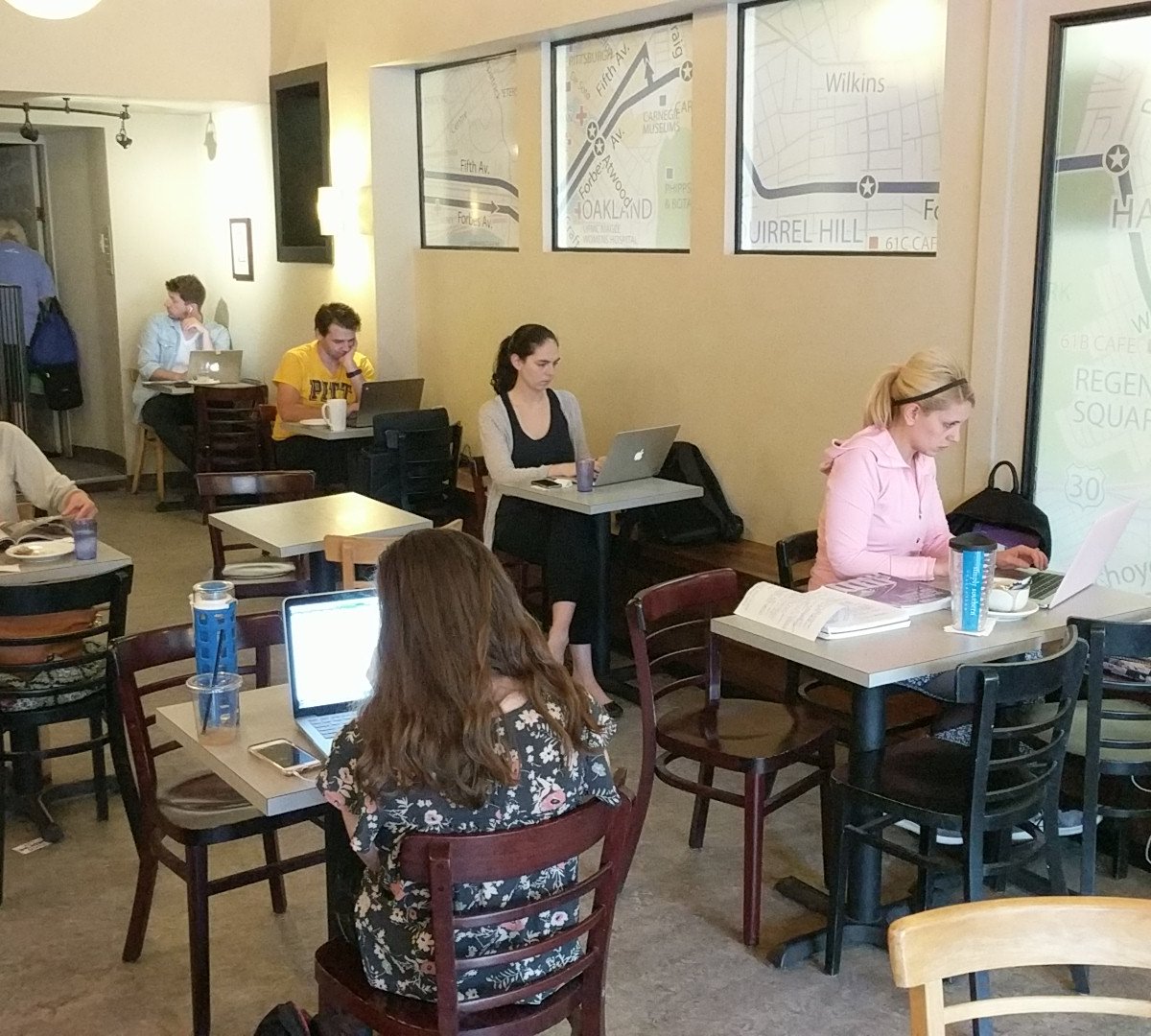 Interior of 61B Cafe, specialty coffee shop in Pittsburgh
